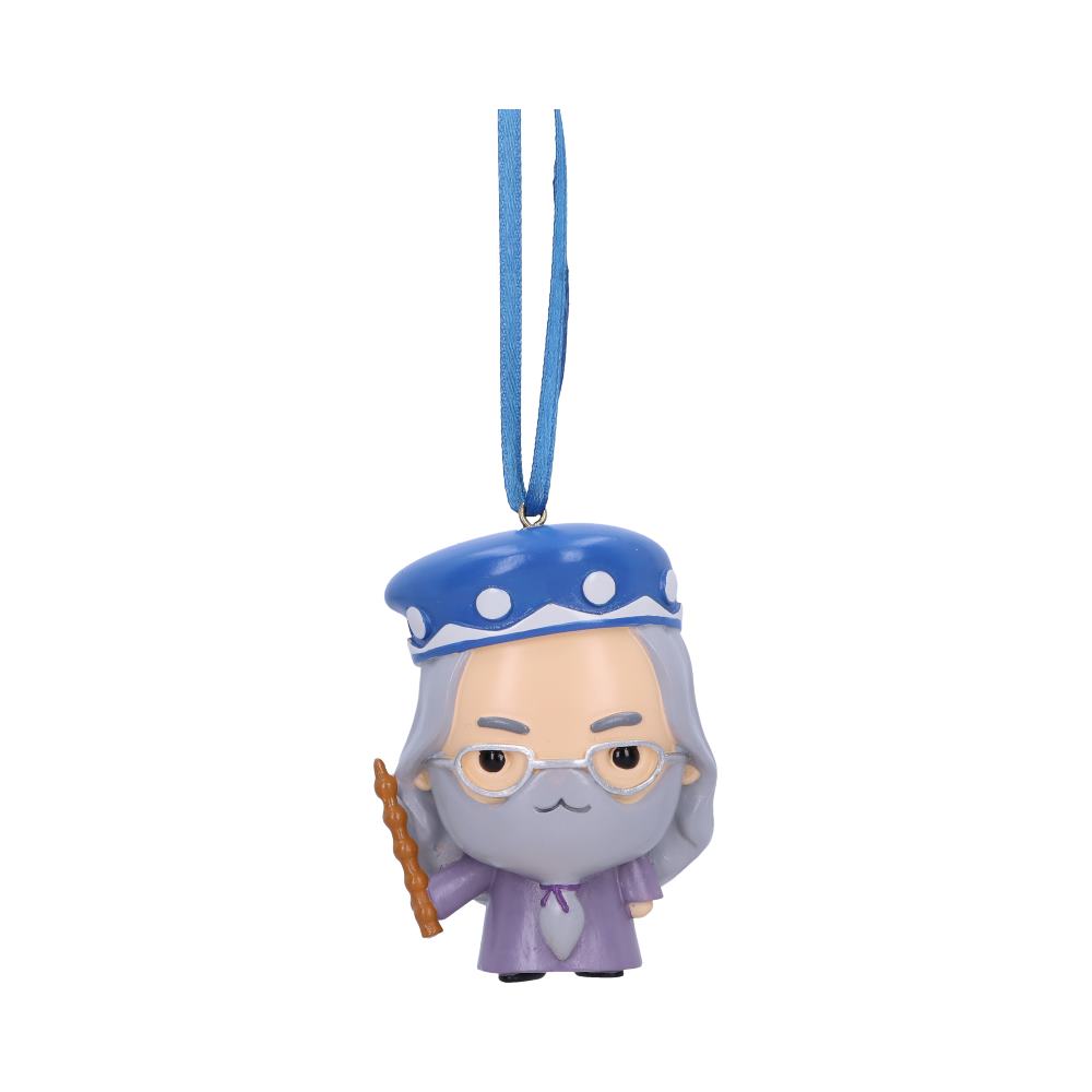 A chibi-style wizard ornament with a blue hat and glasses is hanging by a blue string. The figure holds a wand and wears a purple robe against a plain white background.