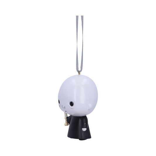 A cartoonish figurine with a large head and black robe holds a small wand, suspended by a gray ribbon against a plain white background.