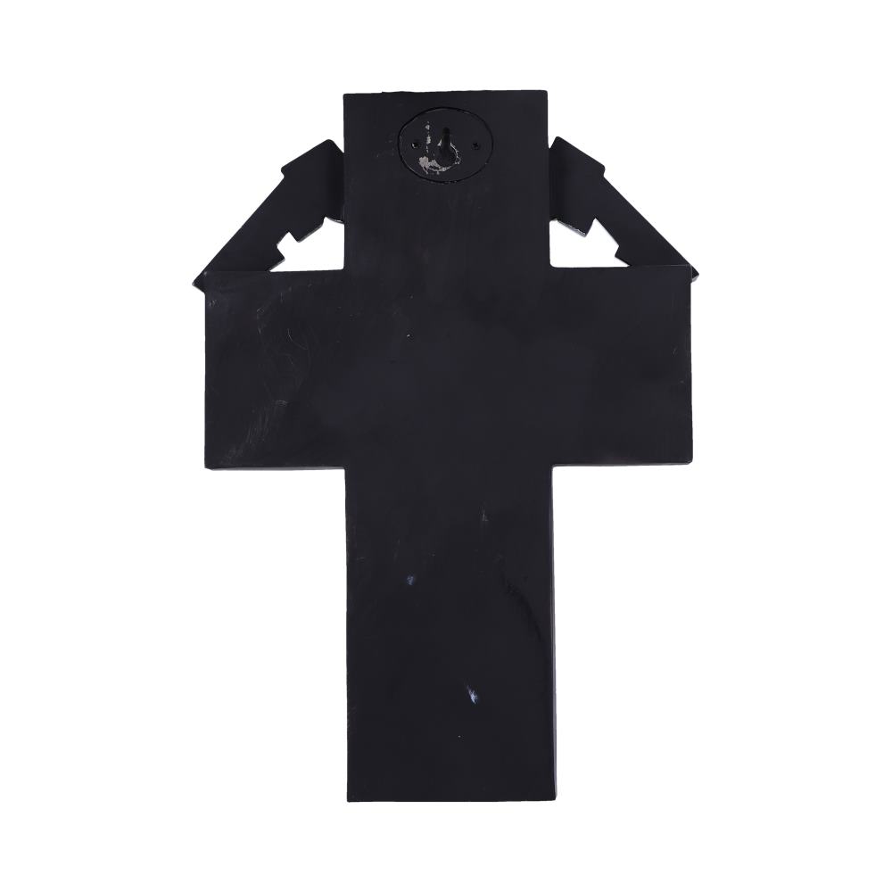 A black metal maltese cross hangs, featuring a round hole at the top center. It appears to be a standalone decorative or symbolic object against a plain white background.