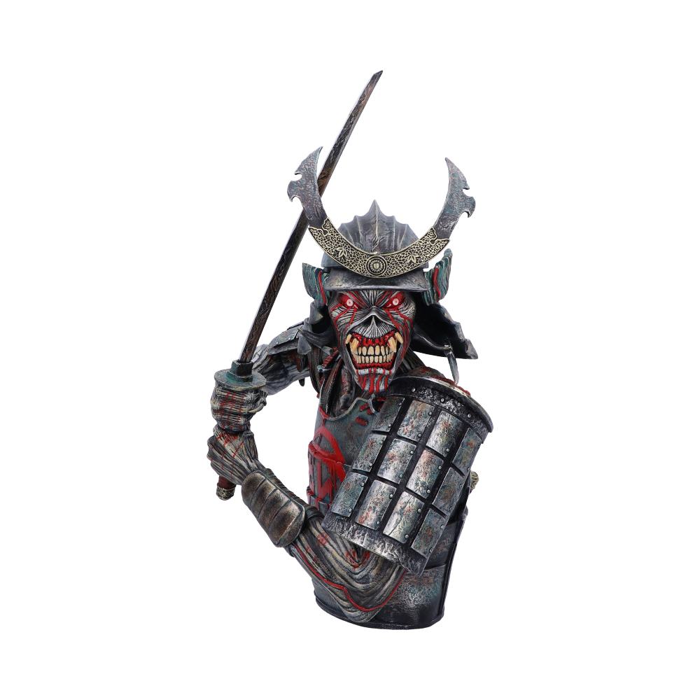 A detailed sculpture of a skeletal samurai, wielding a sword, designed with ornate armor and helmet, set against a plain white background, displaying an aggressive posture.