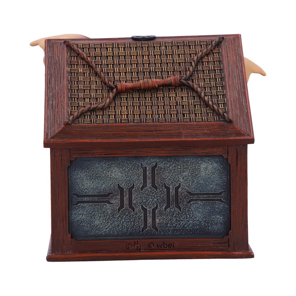 A decorative brown box features a woven texture on the lid, tied with rope, and dark embossed markings on the side panel. The background is plain white.