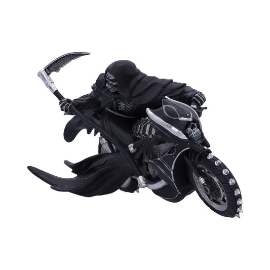 Grim reaper rides a skull-themed motorcycle, holding a scythe in one hand. White background.