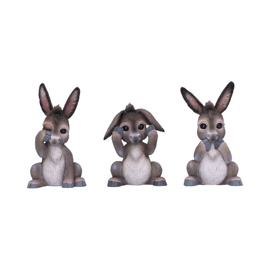 Three Wise Donkeys Figurines – hand-painted resin donkey trio in see no evil, hear no evil, speak no evil poses