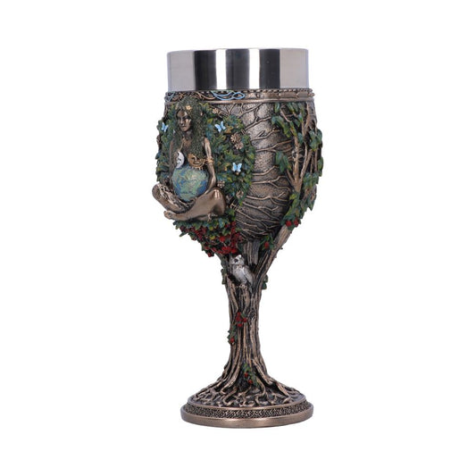 An ornate goblet, featuring a sculpted figure holding a globe amidst foliage, sits on a white background. The goblet's stem is shaped like a tree. The rim is metallic.
