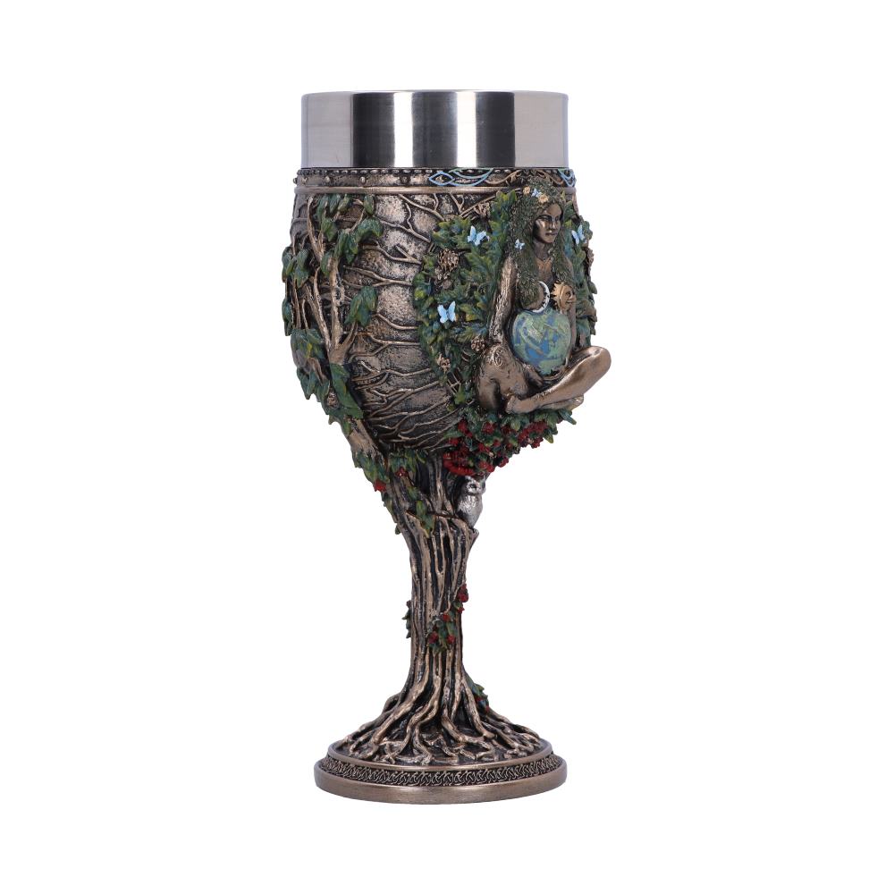 A goblet, sculpted as a tree with a goddess cradling the Earth, sits on a white background.