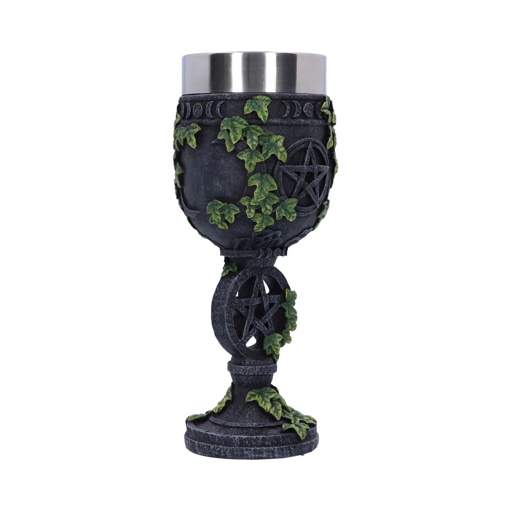 A decorative goblet sits, its metal cup overhanging a stone-like, pentacle-adorned base covered in ivy, on a plain white surface.