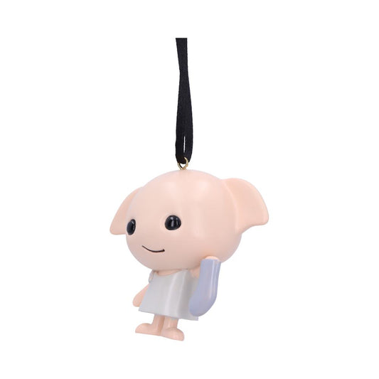 A small, smiling toy figure with large ears and a body holding a gray object, suspended by a black string against a plain white background.