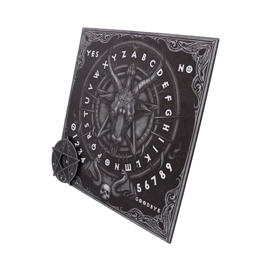 A square ouija board features a goat's head design, alphabet, numbers, "YES," "NO," "GOODBYE," and a matching planchette. It rests on a white background.