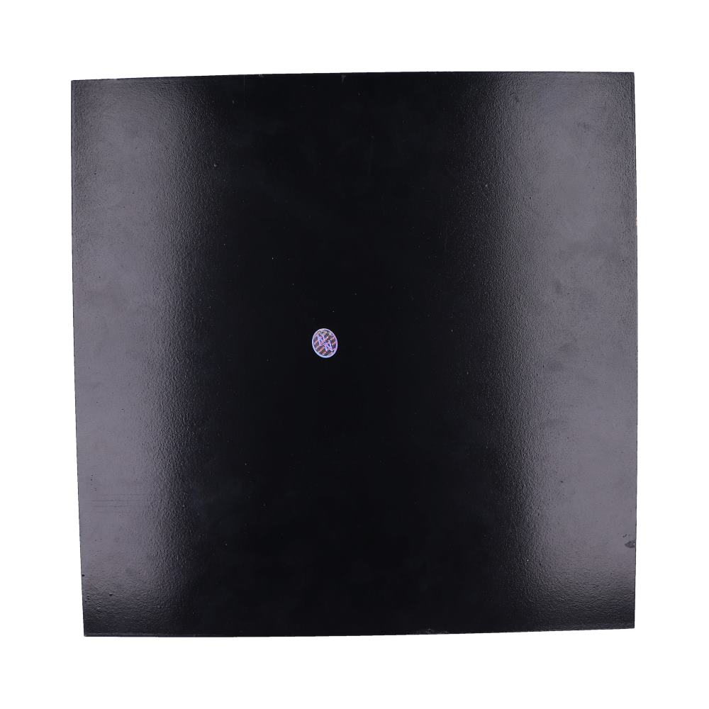 A glossy black square panel features a small circular holographic sticker at its center, with no additional context or text visible.