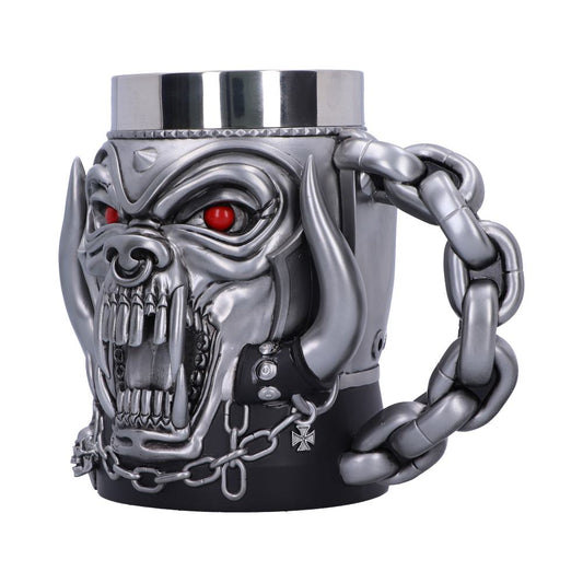 A metallic mug features an aggressive, snarling creature face with red eyes and tusks. The handle forms a chain, creating a rugged, gothic aesthetic, set against a plain background.