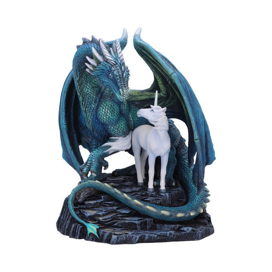 A blue dragon with outstretched wings encircles a white unicorn, standing protectively over it on a rocky base.