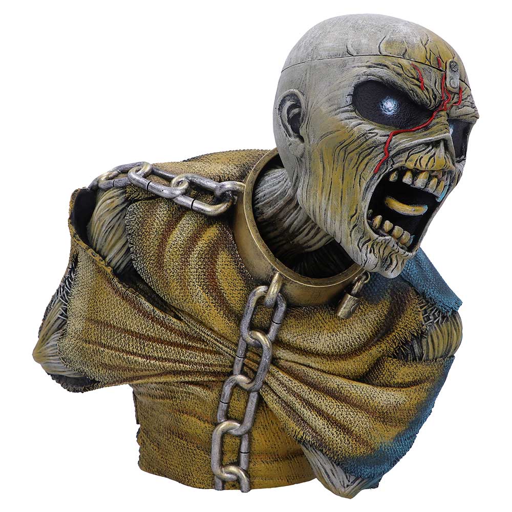 A menacing, skeletal bust with glowing eyes and open mouth, wrapped in chains and tattered cloth, suggesting imprisonment or confinement in a dark, foreboding environment.