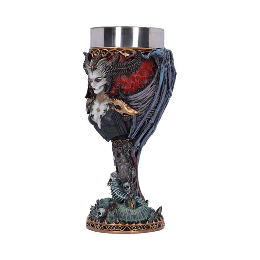 A detailed, ornate goblet features a demonic figure with horns and wings as the stem. The base depicts skulls and bones, while the silver cup is rimmed with golden patterns.