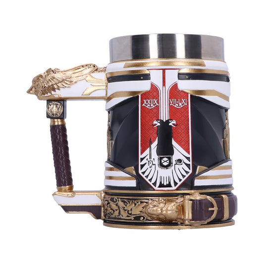 A decorative stein with intricate gold and white designs features a handle resembling a winged figure. The front displays Roman numerals "XXIX VII L XI" against a red and black heraldic motif.