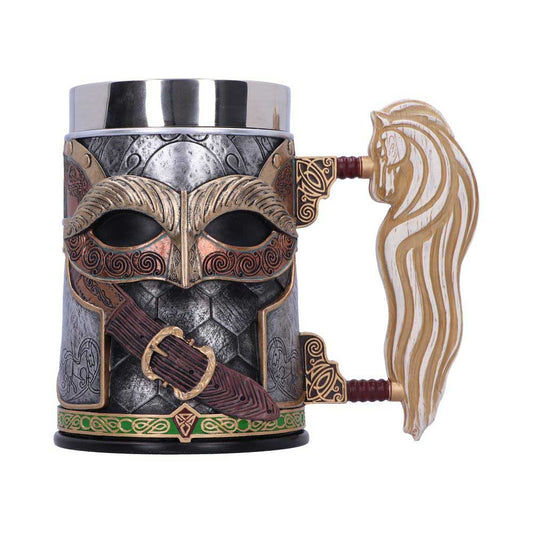A tankard with a Viking helmet design, featuring intricate carvings and a sword motif. Its handle shaped like a stylized horse head, set against a plain white background.