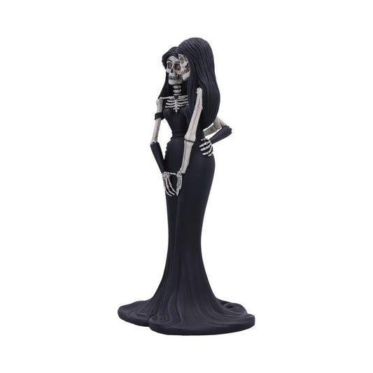 Two skeletal figures embrace, one wearing a long black dress with long black hair, against a white background.
