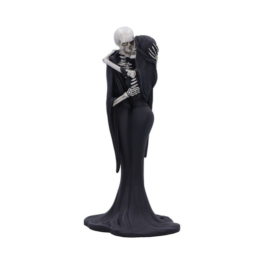 A male skeleton in a robe embraces a female skeleton with long hair. They stand on a dark, textured base against a white background.