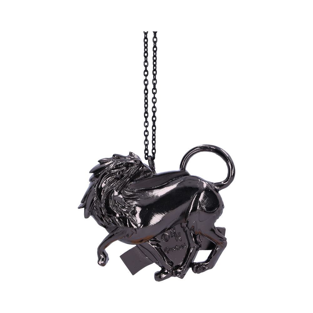 A metallic lion-shaped pendant hangs from a chain, featuring an engraved text "LION GOMIC" visible on its body, set against a plain white background.