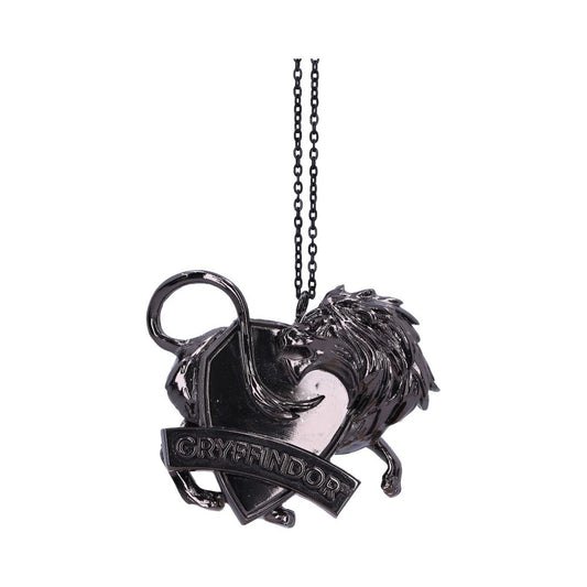 A lion-shaped pendant hangs from a chain, featuring the word "GRYFFINDOR" in bold letters on a banner. The context is a plain white background.