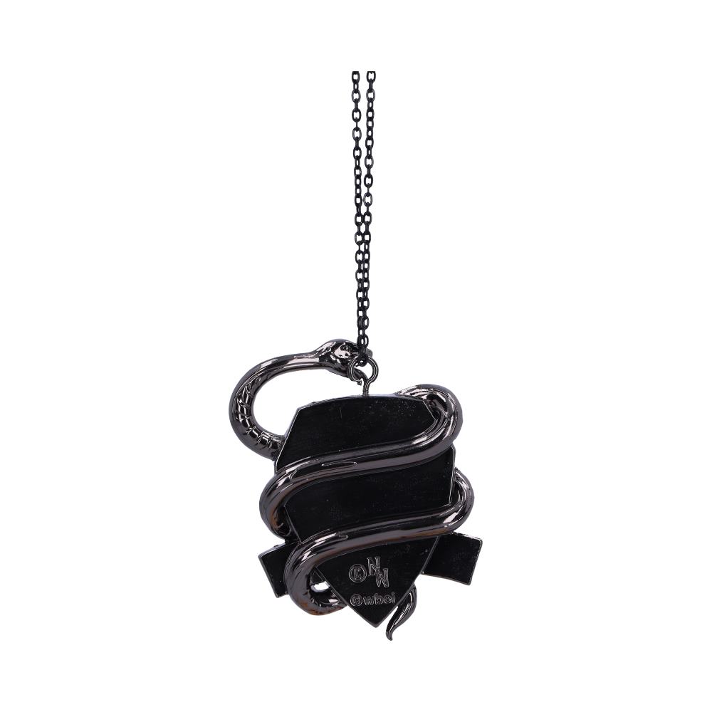 A black pendant with a snake wrapped around it hangs from a chain. The pendant features engraved text: "OWN." The background is plain white.