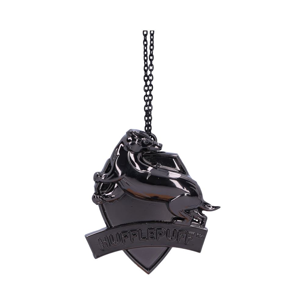 A black pendant features a badger on a shield above the word "HUFFLEPUFF," hanging from a dark chain, isolated against a white background.