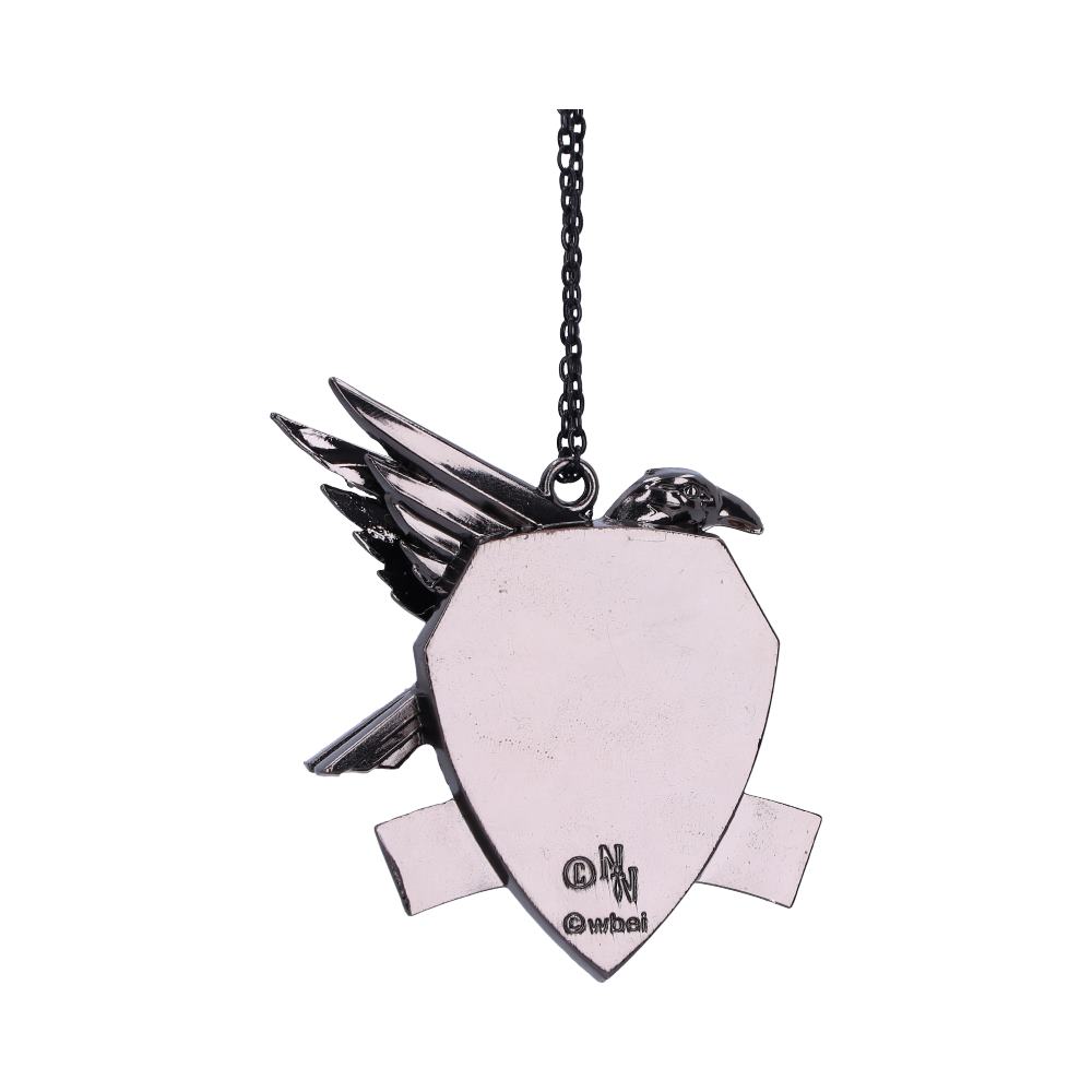A pendant shaped like a shield with a raven perched on top, featuring outspread wings, suspended from a chain against a plain white background. Text reads: © NGW © wbai.
