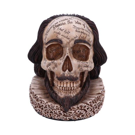 Skull sculpture adorned with engraved Shakespearean quotes, styled with hair and ruffled collar resembling Shakespeare, against a white background. Text includes: "Beware the Ides of March", "To be or not to be".