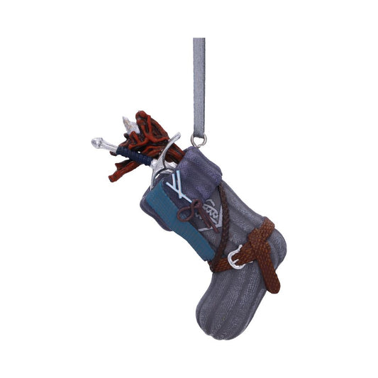 Hanging ornament shaped like a grey holiday stocking, filled with small replica swords. It includes intricate details like leather straps and a blue pocket, suspended against a plain white background.