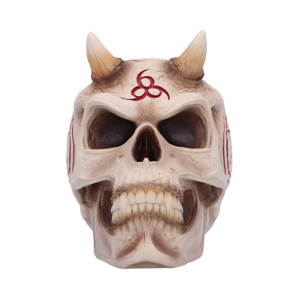A skull with prominent horns and tribal markings sits prominently against a plain white background. The red symbol on its forehead resembles a biohazard sign.