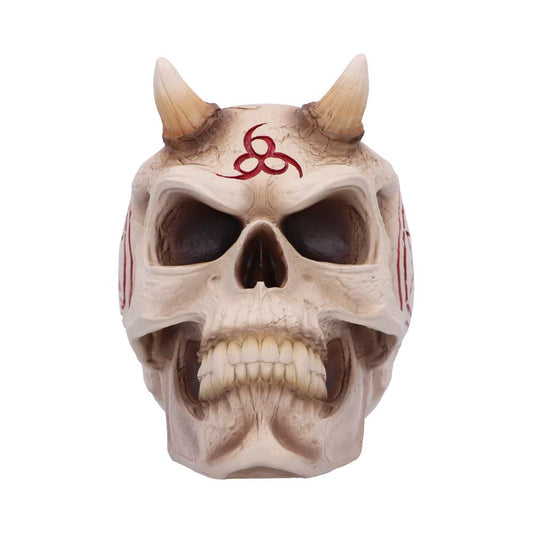 A skull with prominent horns and tribal markings sits prominently against a plain white background. The red symbol on its forehead resembles a biohazard sign.