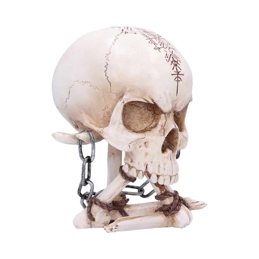 A human skull rests on a surface, adorned with intricate markings. The skull is chained and roped to skeletal arm bones. There's no additional text or objects in the background.
