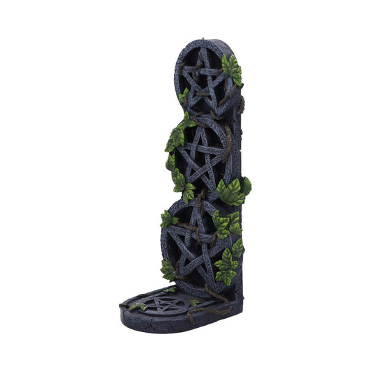 A vertical, stone-textured bookend features pentagram designs entwined with green ivy. Standing alone, the structure appears medieval and decorative, suitable for supporting books on a shelf.