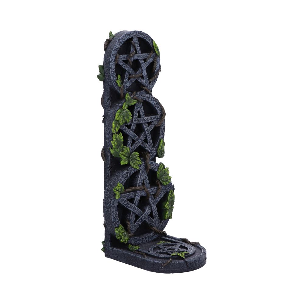 Three stone rings with pentagrams and green leaves, stacked vertically, stand upright on a base. The design features intertwined vines and creates a mystical appearance. The background is plain white.