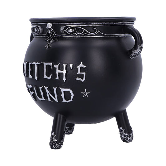 A black cauldron-shaped container with ornate designs sits upright, labeled "WITCH'S FUND" in white gothic letters and adorned with a small pentagram.