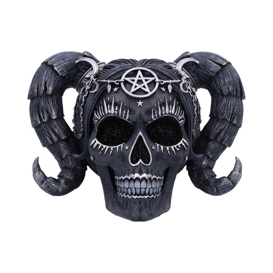 A black skull sculpture features ornate ram horns, intricate star and pentagram designs, and silvery embellishments. Its aesthetic is gothic and mystical, emphasizing dark and arcane themes.