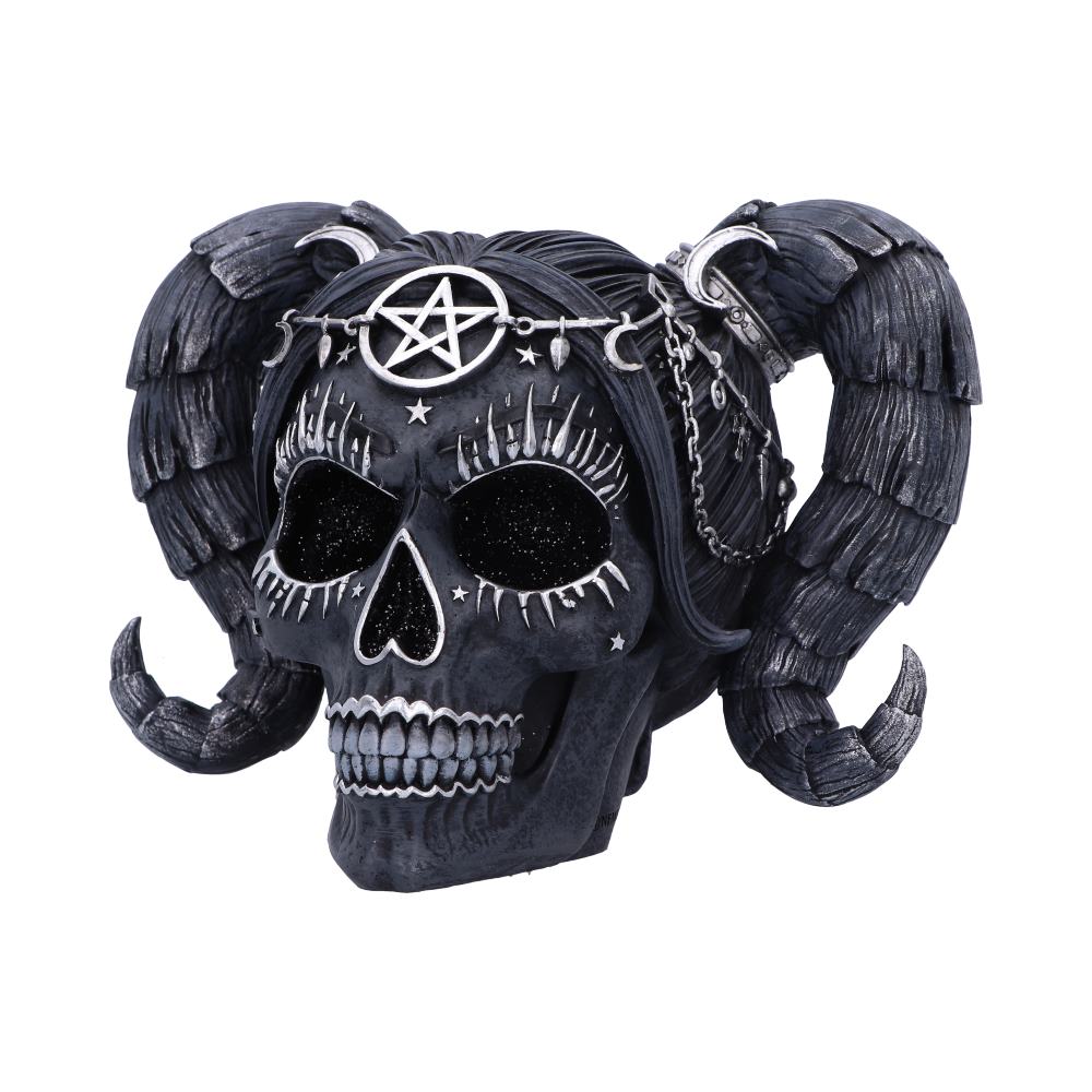 A skull with curved horns decorated with chains and a pentagram on the forehead is adorned with intricate designs, creating a dark, mystical theme against a plain background.