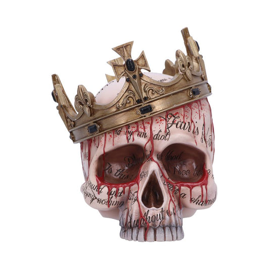 A skull with a gold crown featuring black jewels has red streaks resembling blood, inscribed with text: "Fears and doubts," "Is this a dagger I see before," and more. Context is undefined.