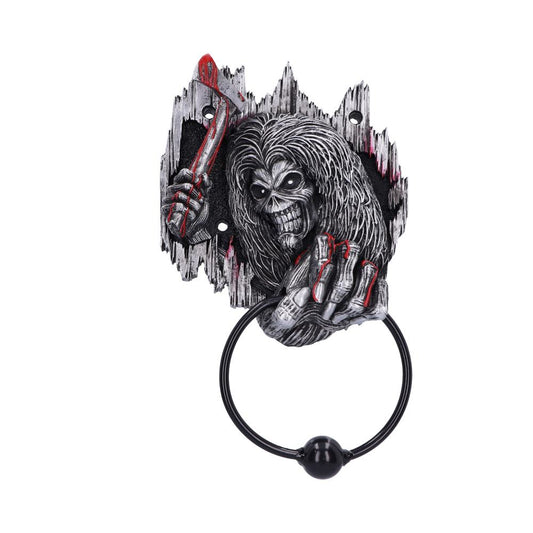 A detailed, skeletal figure holds a bloody axe, emerging through broken wood. Its other hand grips a black metal ring, resembling a door knocker, with red accents enhancing the eerie appearance.
