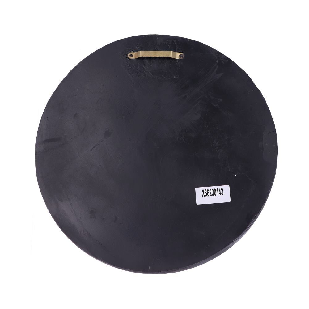 A round, black object with a metal bracket attached, possibly for hanging. A white label reads "X86230143." It appears to be displayed in a plain, white environment.