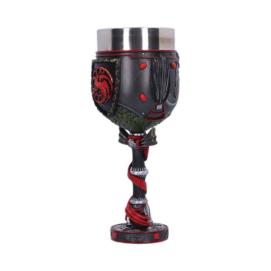 A goblet sits upright, featuring dragon scale designs on its lower half. A twisting, red decorative element wraps around the stem and base, set against a plain white background.