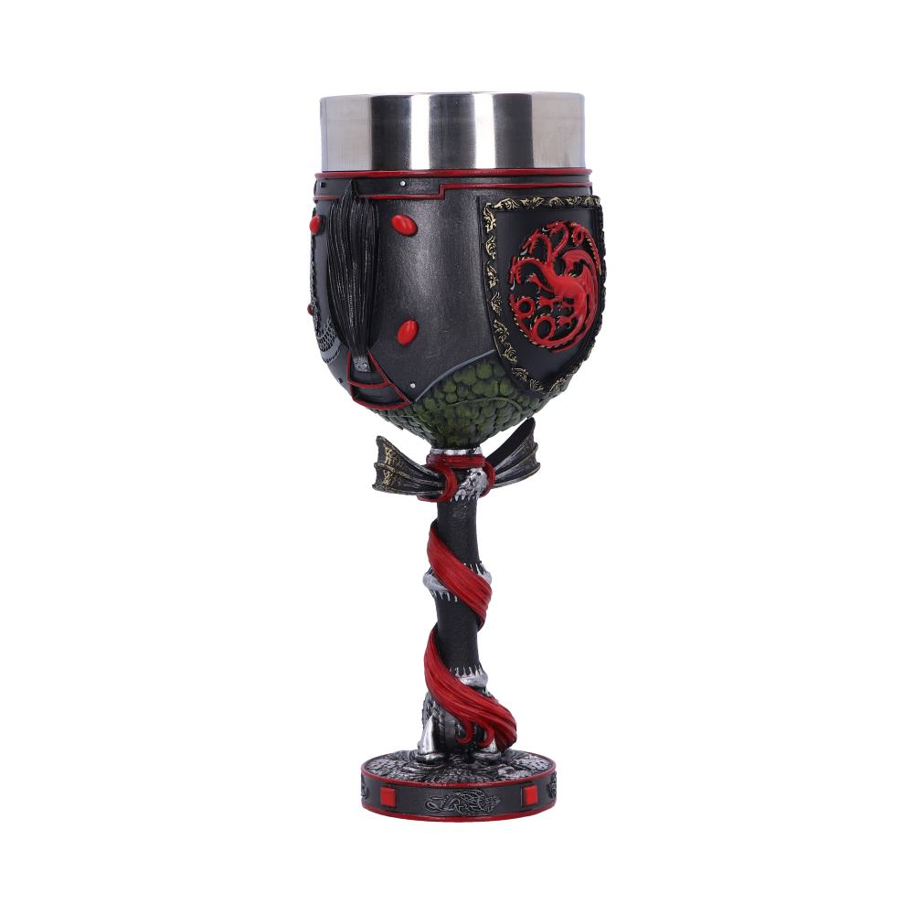 A metal and resin goblet, emblazoned with a red, three-headed dragon, sits against a plain white background. The goblet’s stem resembles bone wrapped in a red cord.