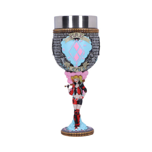 A decorative goblet features a colorful character in a red and black outfit as the stem, holding a mallet. The cup is stone-like with "MAD LOVE" text and blue diamonds.