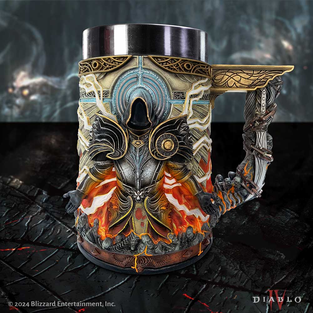 Ornate beer mug depicting a hooded figure in intricate armor, surrounded by fiery elements. The handle resembles twisted metal and wood. Text: "© 2024 Blizzard Entertainment, Inc. Diablo IV."
