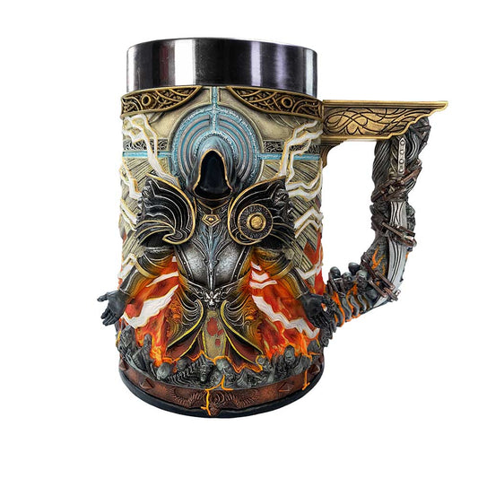 A highly detailed, medieval-themed mug depicts a cloaked figure with elaborate armor and fiery accents. The handle mimics a gnarled branch, enhancing the fantasy aesthetic in a vibrant setting.