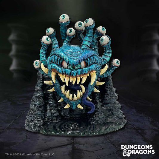 A blue, multi-eyed, fanged creature emerges menacingly between stalagmites, surrounded by a dark, cavernous environment. Text reads: "TM & ©2024 Wizards of the Coast LLC. Dungeons & Dragons."