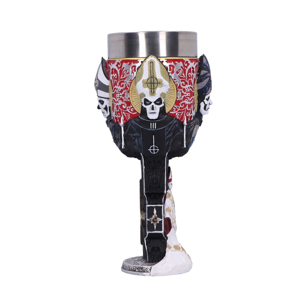 Ornate chalice stands upright, featuring three skull-faced papal figures and a red patterned bowl with a metal rim, painted black white gold and displayed against a plain white studio background.