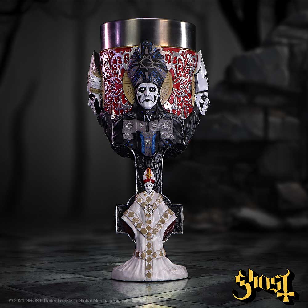 An ornate goblet shaped like a robed skeletal pope stands on a tiled floor, featuring three skull-masked bishops and red filigree panels in a dim stone chamber; text: © 2024 GHOST Under license to Global Merchandising; Ghost