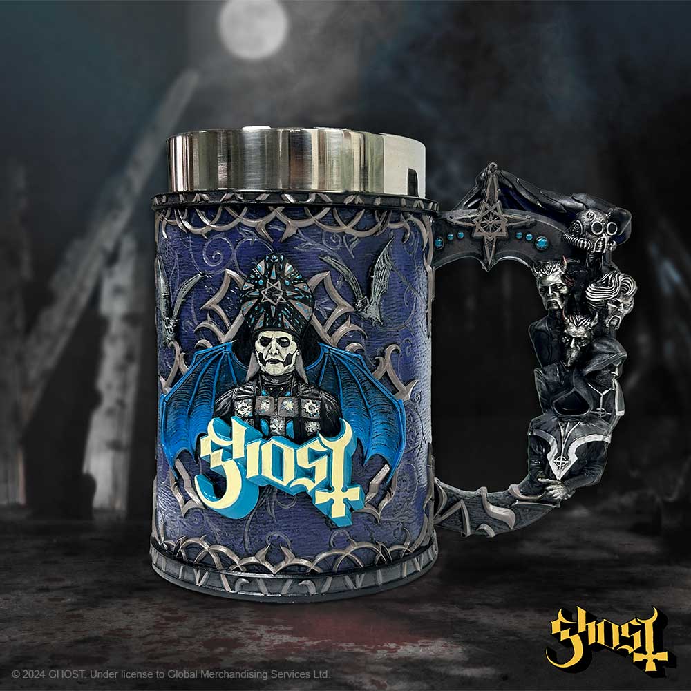 A detailed, gothic-style mug features a skull-faced figure wearing ornate robes, with blue bat wings and decorative carvings, marked "Ghost." It rests on a textured surface, with a moonlit background.