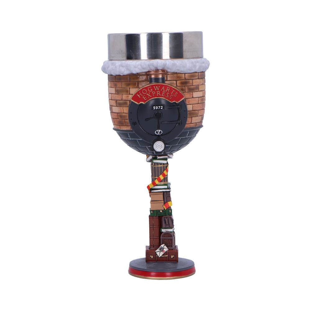 Goblet designed as a chimney and steam train, labeled "Hogwarts Express 5972," with luggage and a scarf on the stem, standing on a circular base.
