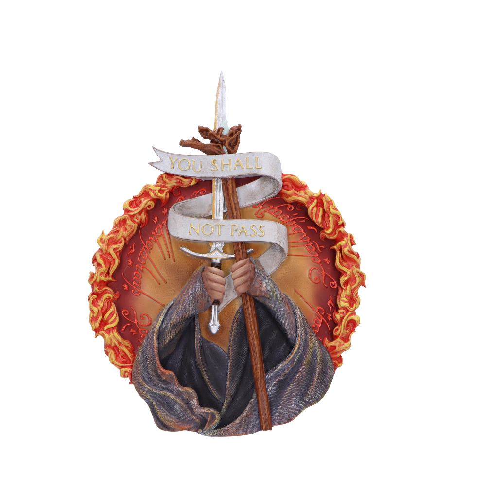 A hooded figure holds a staff and sword, entwined with a banner reading "YOU SHALL NOT PASS," against a fiery, circular backdrop featuring engraved text.
